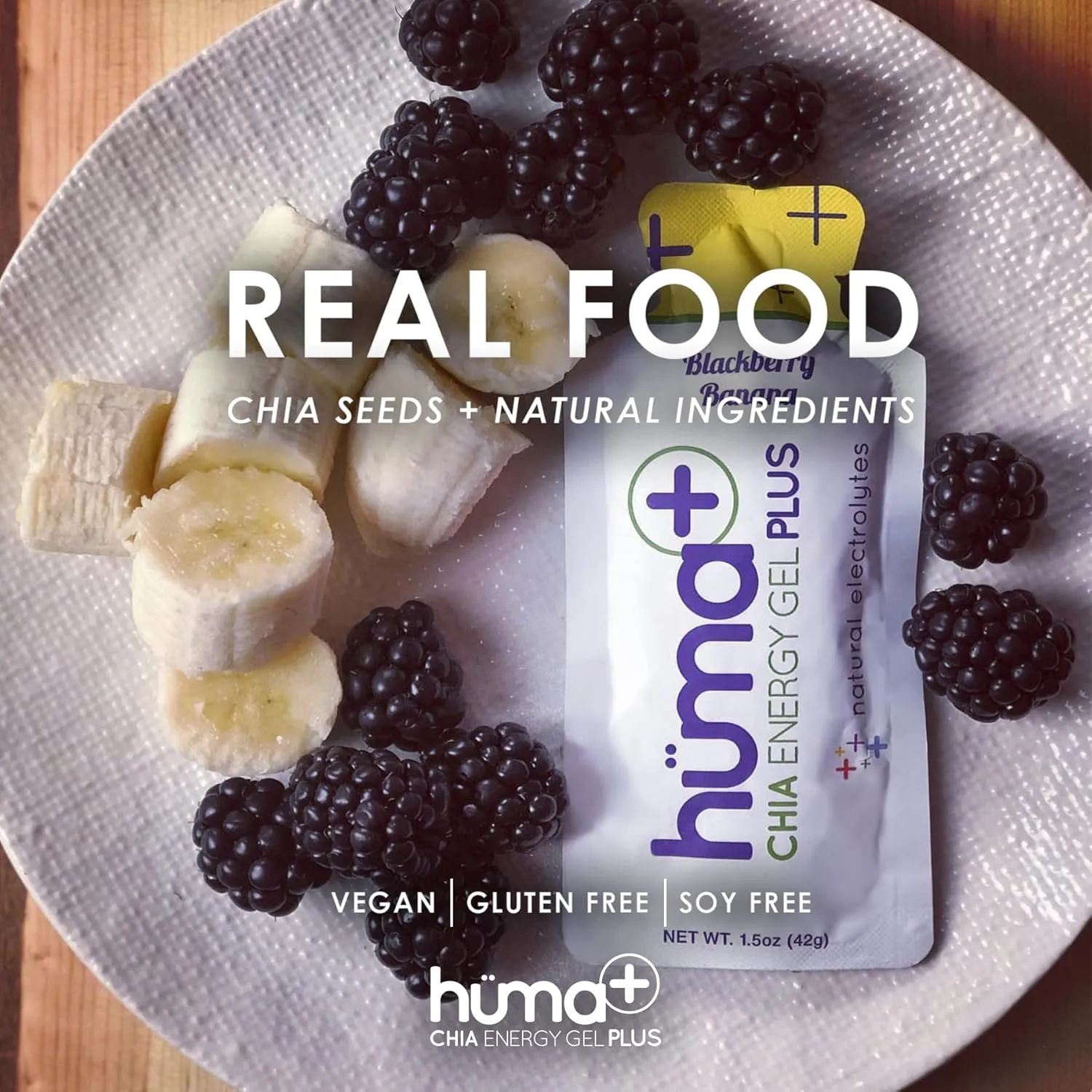 Huma Plus (Double Electrolytes) - Chia Energy Gel, BlackBerry Banana, 24 Gels - Stomach Friendly, Real Food Energy Gels