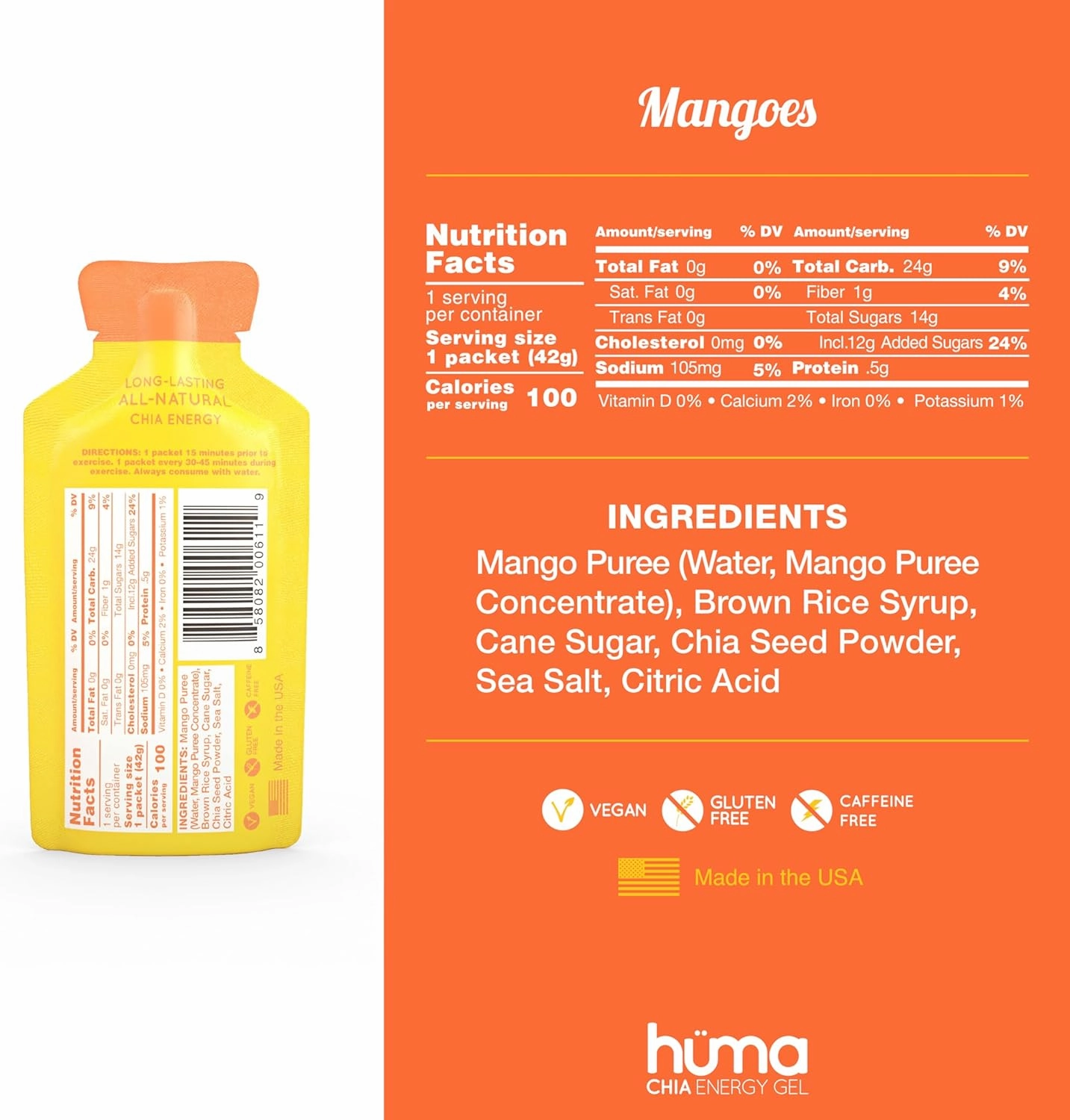 Huma Chia Energy Gel, Mangoes, 24 Gels - Premier Sports Nutrition for Endurance Exercise