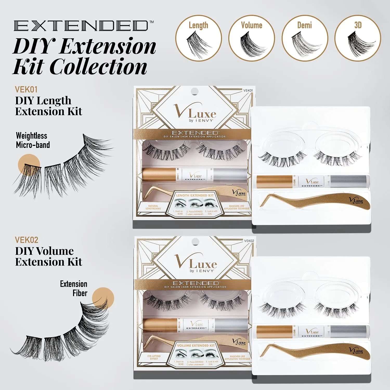 i•ENVY DIY Lash Extension Starter Kit With 10 Natural Lengthening Extended Clusters, Applicator and Bond & Seal - Eye lifting Effect, Feather Light Reusable Lash with Super Thin Microbands