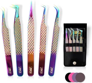 IMAGE 5 Pcs Japanese Steel Lash Tweezers Set With Leather Case, Professional Eyelash Tweezer for Lash Extensions-Titanium Coated Tips, 90 & 45 Degree, Pointed Eyelash Extension Tweezers (Multi-Color)