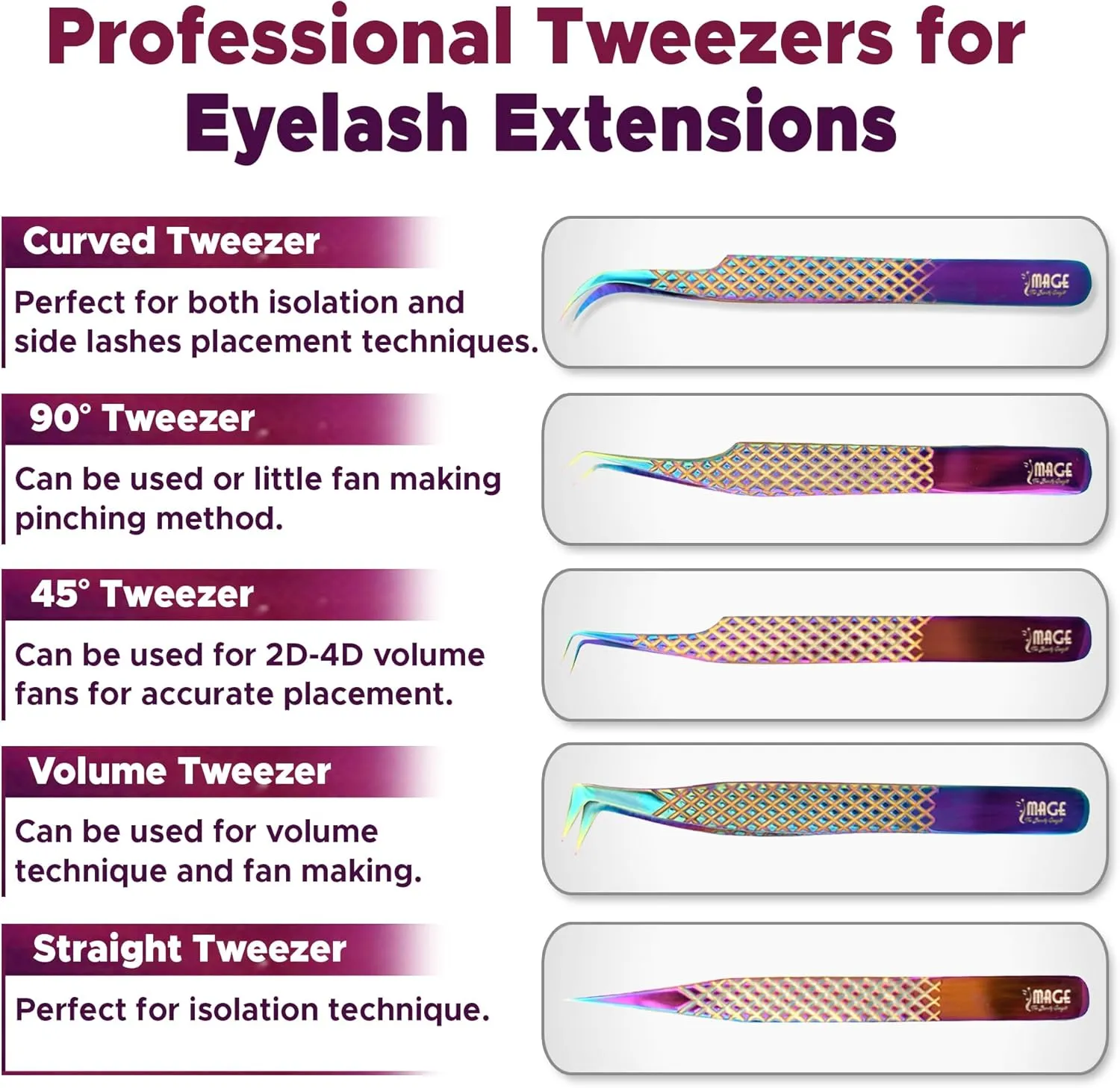 IMAGE 5 Pcs Japanese Steel Lash Tweezers Set With Leather Case, Professional Eyelash Tweezer for Lash Extensions-Titanium Coated Tips, 90 & 45 Degree, Pointed Eyelash Extension Tweezers (Multi-Color)