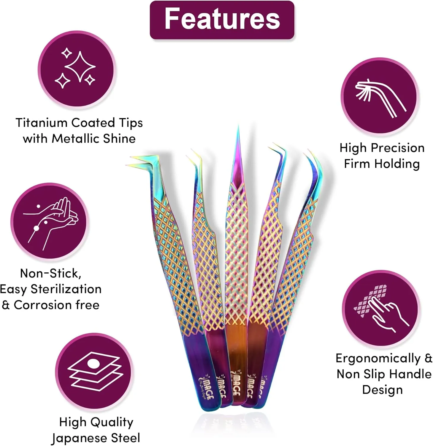 IMAGE 5 Pcs Japanese Steel Lash Tweezers Set With Leather Case, Professional Eyelash Tweezer for Lash Extensions-Titanium Coated Tips, 90 & 45 Degree, Pointed Eyelash Extension Tweezers (Multi-Color)
