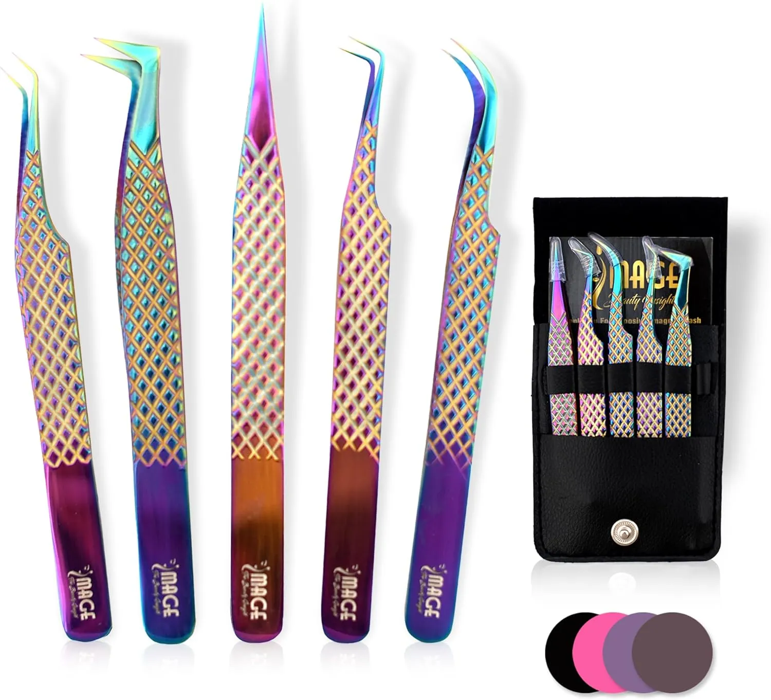 IMAGE 5 Pcs Japanese Steel Lash Tweezers Set With Leather Case, Professional Eyelash Tweezer for Lash Extensions-Titanium Coated Tips, 90 & 45 Degree, Pointed Eyelash Extension Tweezers (Multi-Color)