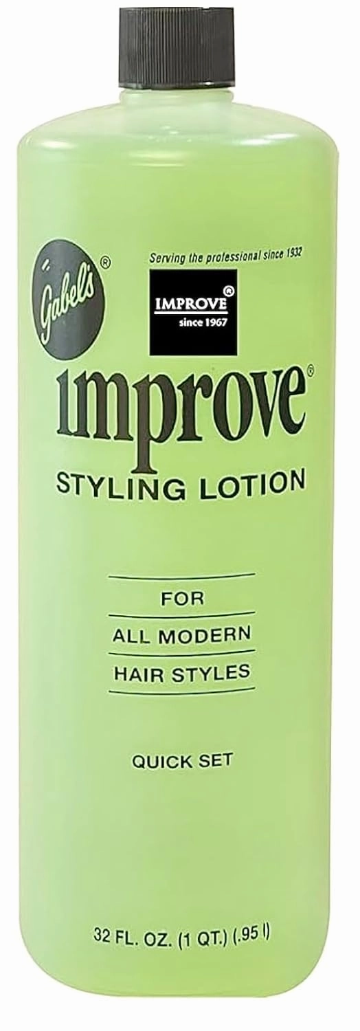 Improve Gabel’s Styling Lotion/Hair Spray (32oz) Quick Set (Green-Light Hold) Manufacturer Direct has logo in black label on the bottle