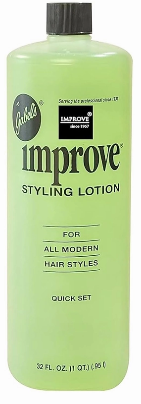 Improve Gabel’s Styling Lotion/Hair Spray (32oz) Quick Set (Green-Light Hold) Manufacturer Direct has logo in black label on the bottle