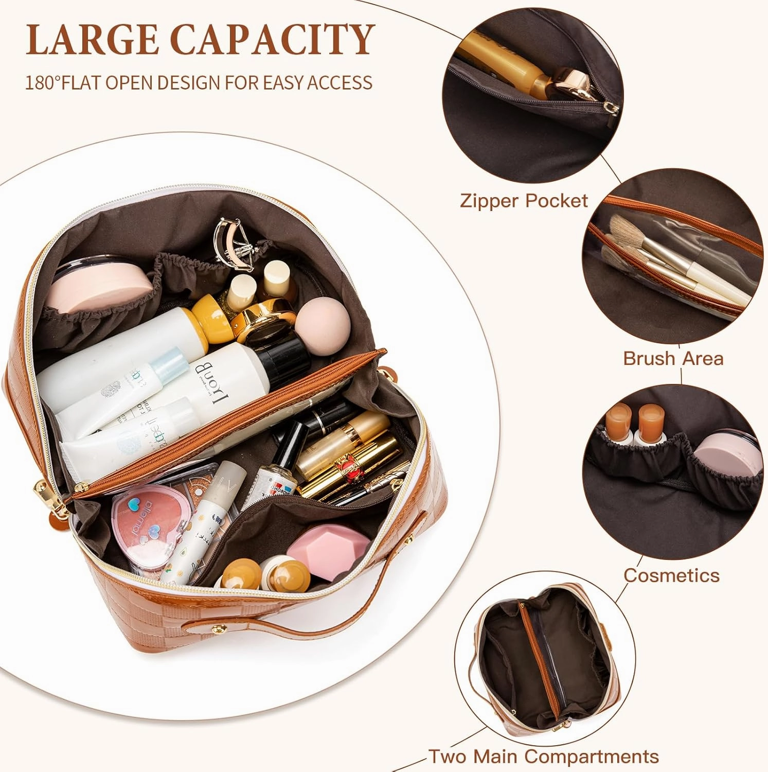 Initial Makeup Bag Large Capacity Travel Cosmetic Bag for Women PU Leather Open Flat Toiletry Bag with Handle and Divider Personalized Gifts for Women (Brown A)