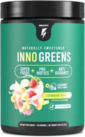 Inno Greens | 28  Organic Greens & Superfoods | Advanced Prebiotics   Probiotics | Super Antioxidant   Hydration | Spirulina, Chlorella, Ashwagandha | Natural | 30 Servings (Strawberry Banana)