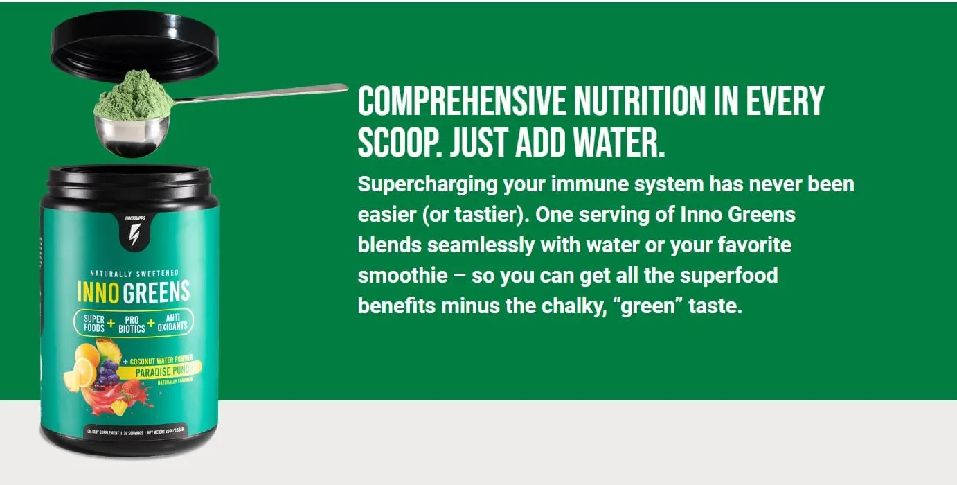Inno Greens | 28  Organic Greens & Superfoods | Advanced Prebiotics   Probiotics | Super Antioxidant   Hydration | Spirulina, Chlorella, Ashwagandha | Natural | 30 Servings (Strawberry Banana)
