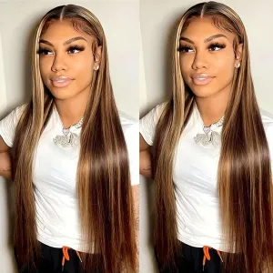 ISEE Wear & Go Glueless Wig Highlight Brown Wigs Silky Straight Pre-plucked 4x6 HD Transparent 4/27 Honey Blonde Lace Frontal Wigs 180% Density Colored Straight Human Hair Wigs for Women 18 Inch
