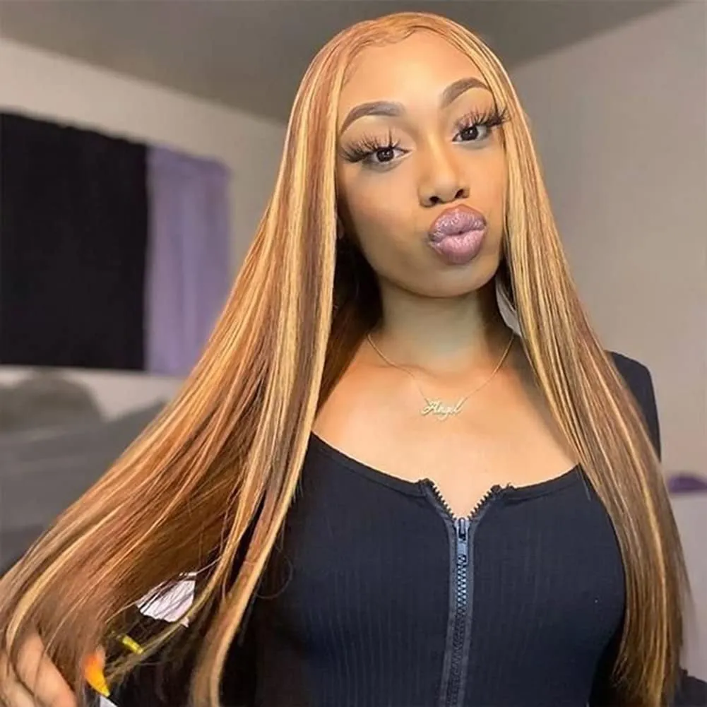 ISEE Wear & Go Glueless Wig Highlight Brown Wigs Silky Straight Pre-plucked 4x6 HD Transparent 4/27 Honey Blonde Lace Frontal Wigs 180% Density Colored Straight Human Hair Wigs for Women 18 Inch