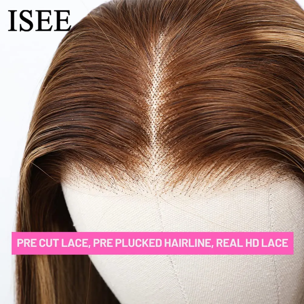 ISEE Wear & Go Glueless Wig Highlight Brown Wigs Silky Straight Pre-plucked 4x6 HD Transparent 4/27 Honey Blonde Lace Frontal Wigs 180% Density Colored Straight Human Hair Wigs for Women 18 Inch