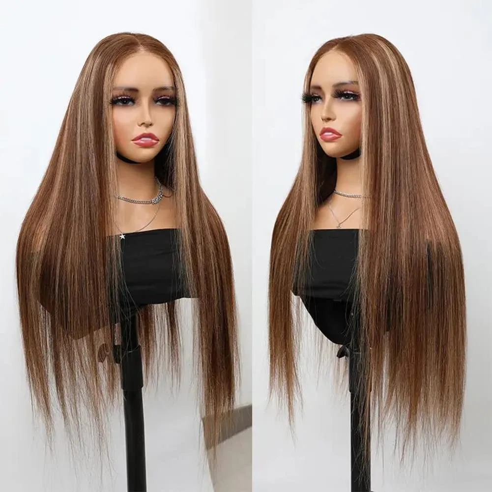ISEE Wear & Go Glueless Wig Highlight Brown Wigs Silky Straight Pre-plucked 4x6 HD Transparent 4/27 Honey Blonde Lace Frontal Wigs 180% Density Colored Straight Human Hair Wigs for Women 18 Inch
