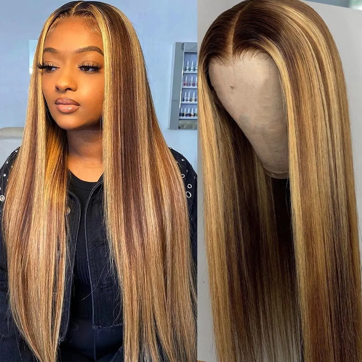 ISEE Wear & Go Glueless Wig Highlight Brown Wigs Silky Straight Pre-plucked 4x6 HD Transparent 4/27 Honey Blonde Lace Frontal Wigs 180% Density Colored Straight Human Hair Wigs for Women 18 Inch