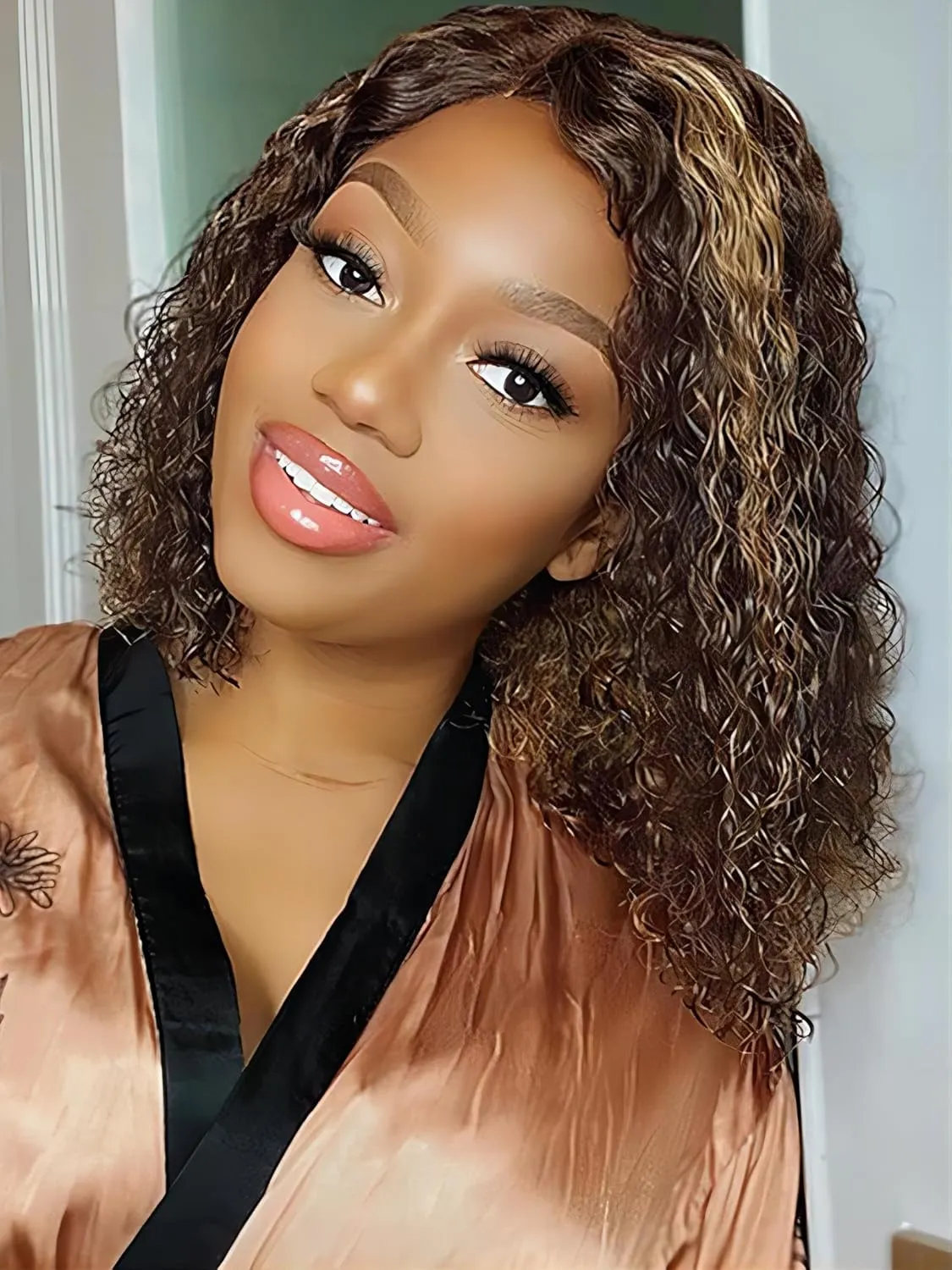 ISEE Wear and Go Glueless Wigs Bob Water Wave Human Hair Pre Plucked Pre Cut Ombre Highlight Bob Wig Human Hair for Women 180% Density Transparent Lace Front Wigs Ready to Wear for Beginners 10 Inch