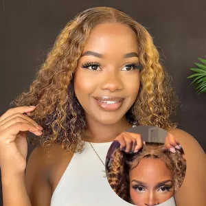 ISEE Wear and Go Glueless Wigs Bob Water Wave Human Hair Pre Plucked Pre Cut Ombre Highlight Bob Wig Human Hair for Women 180% Density Transparent Lace Front Wigs Ready to Wear for Beginners 10 Inch
