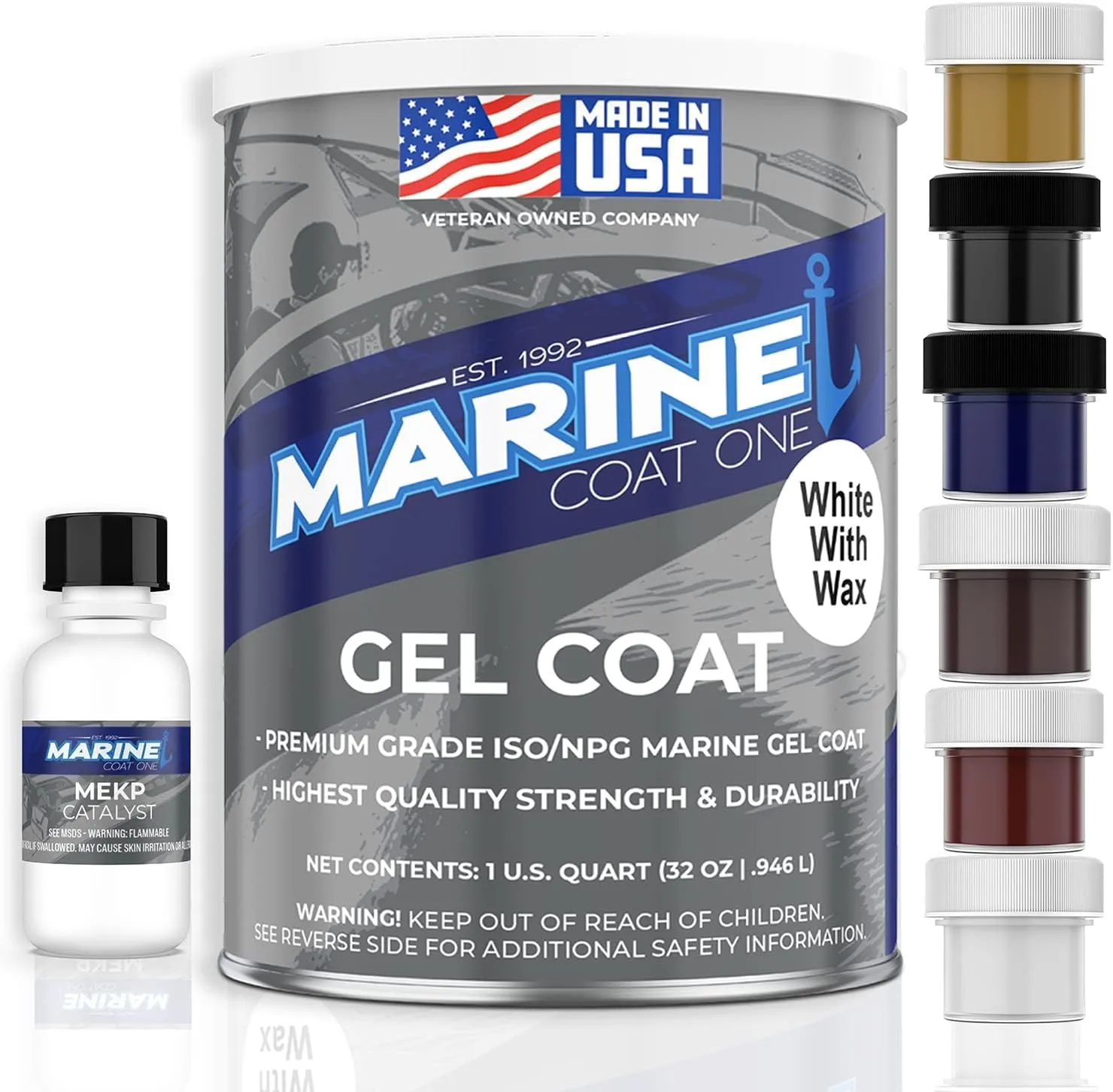 Iso/Npg Gel Coat White with Wax with MEKP Catalyst for Hardening, with 6 Color Tinting Pigments, Gel Coat Repair Kit for Boats, Fiberglass (1 Quart)