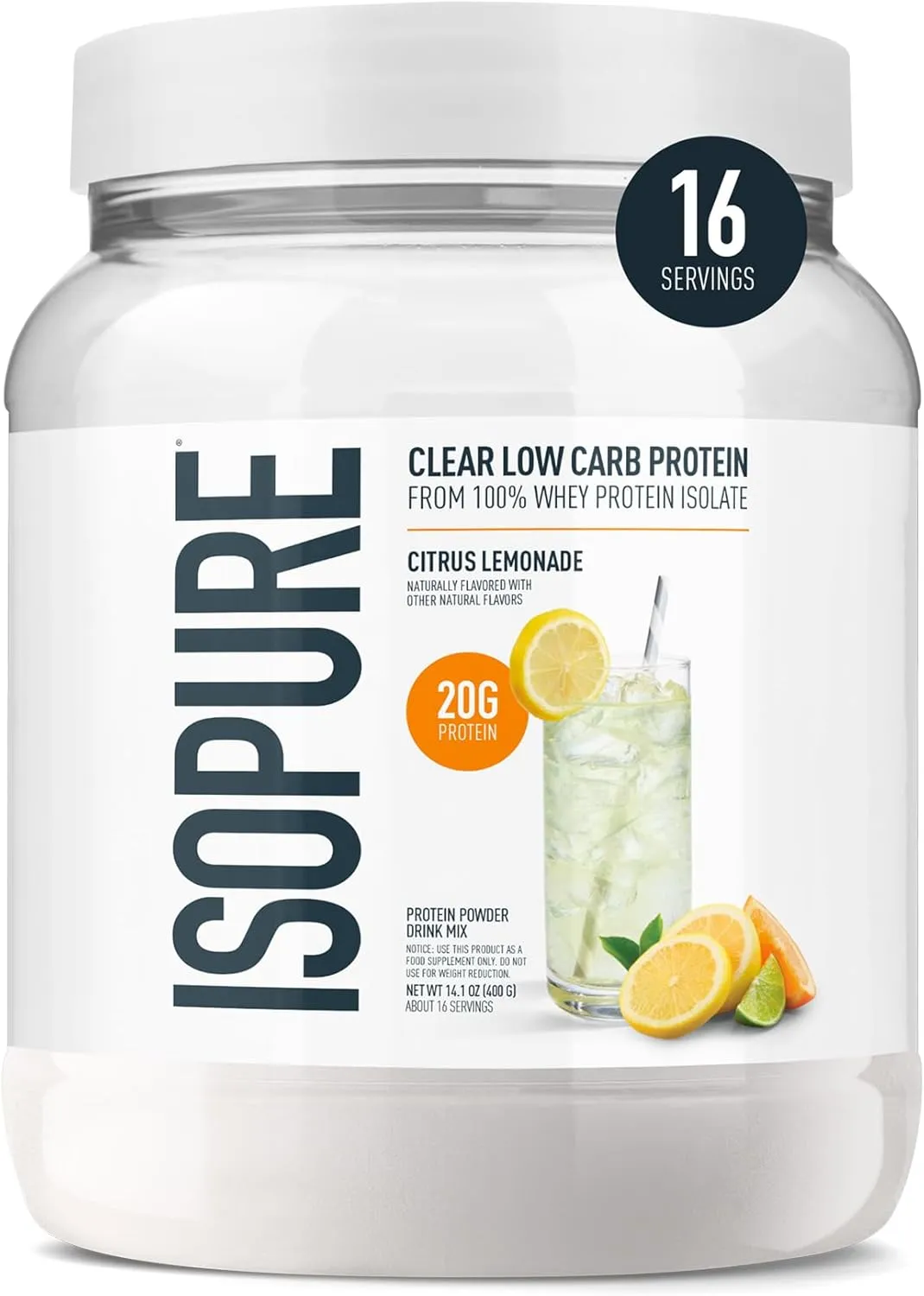 Isopure Clear Whey Isolate Protein Powder, Lactose Free, Gluten Free, Naturally Flavored, Citrus Lemonade, 20g Protein Per Serving, 14.1 Oz, 16 Servings (Packaging May Vary)