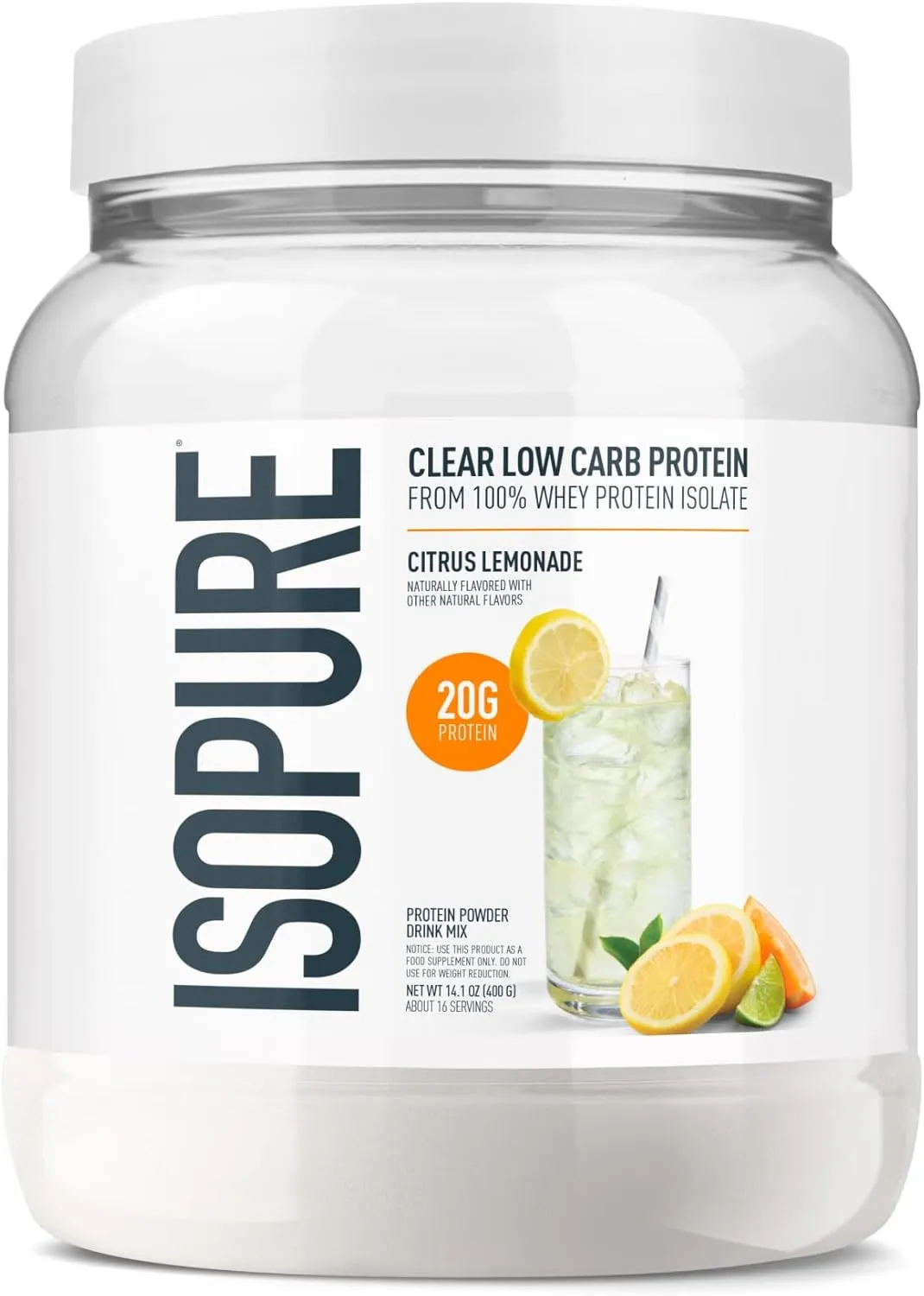 Isopure Clear Whey Isolate Protein Powder, Lactose Free, Gluten Free, Naturally Flavored, Citrus Lemonade, 20g Protein Per Serving, 14.1 Oz, 16 Servings (Packaging May Vary)