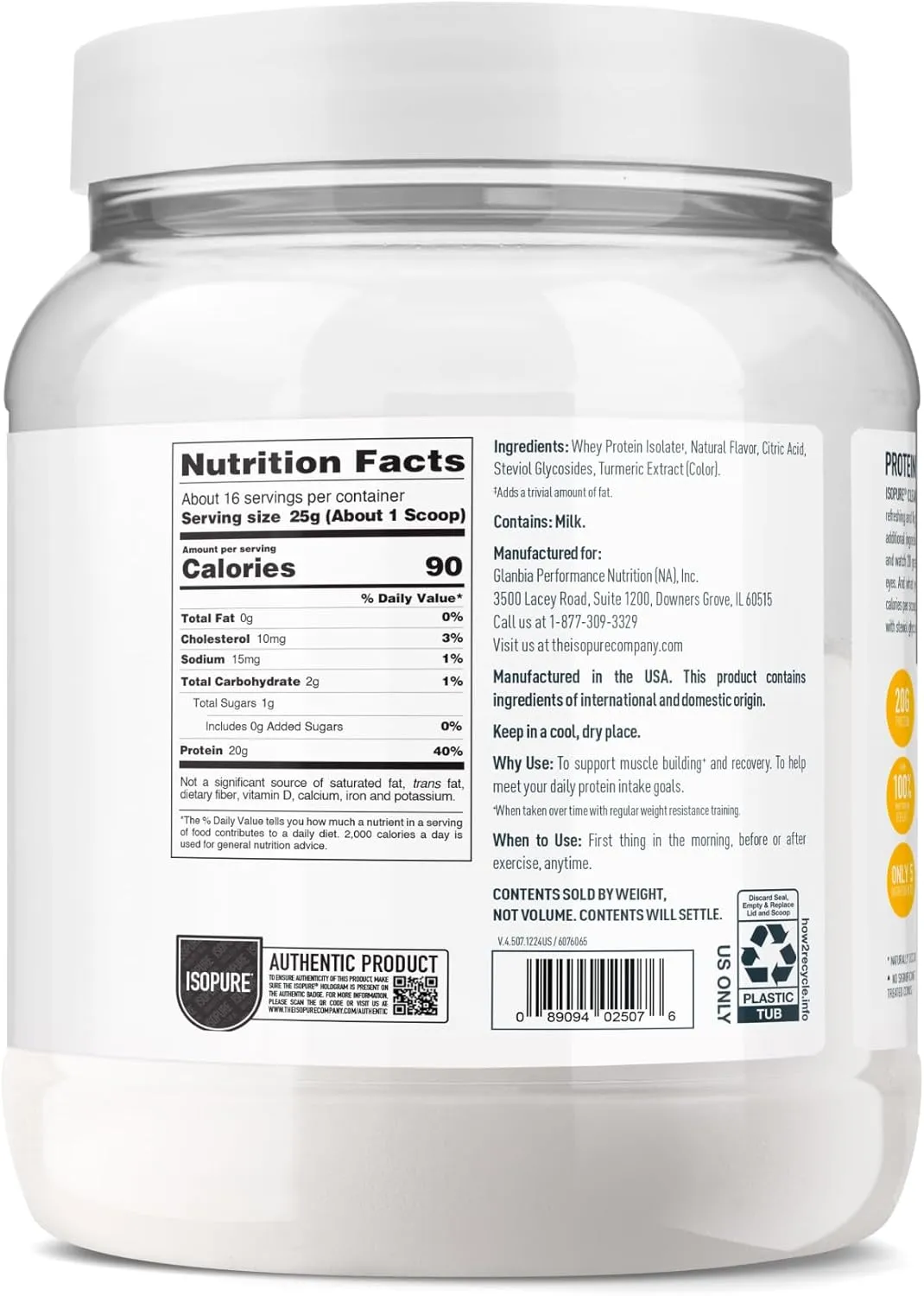 Isopure Clear Whey Isolate Protein Powder, Lactose Free, Gluten Free, Naturally Flavored, Citrus Lemonade, 20g Protein Per Serving, 14.1 Oz, 16 Servings (Packaging May Vary)