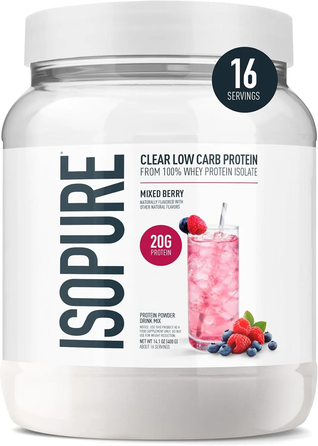 Isopure Clear Whey Isolate Protein Powder, Lactose Free, Gluten Free, Naturally Flavored, Mixed Berry, 20g Protein Per Serving, 14.1 Oz, 16 Servings (Packaging May Vary)