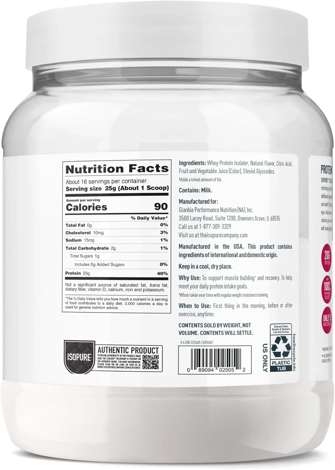 Isopure Clear Whey Isolate Protein Powder, Lactose Free, Gluten Free, Naturally Flavored, Mixed Berry, 20g Protein Per Serving, 14.1 Oz, 16 Servings (Packaging May Vary)