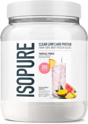 Isopure Clear Whey Isolate Protein Powder, Lactose Free, Gluten Free, Naturally Flavored, Tropical Punch, 20g Protein Per Serving, 14.1 Oz, 16 Servings (Packaging May Vary)