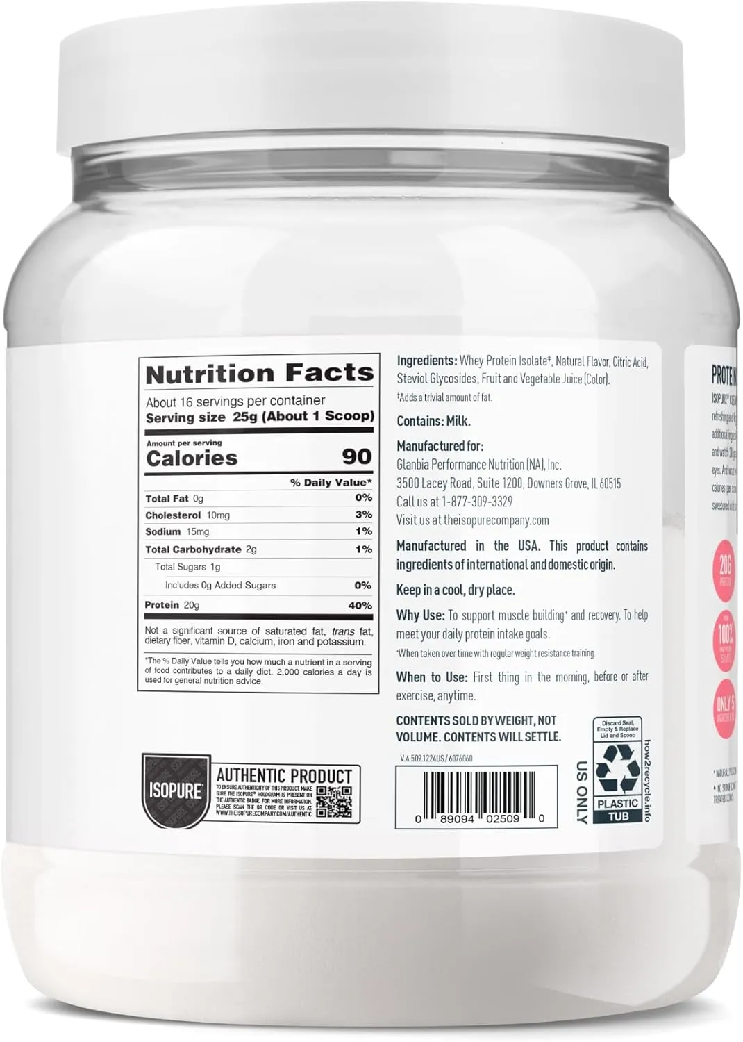 Isopure Clear Whey Isolate Protein Powder, Lactose Free, Gluten Free, Naturally Flavored, Tropical Punch, 20g Protein Per Serving, 14.1 Oz, 16 Servings (Packaging May Vary)