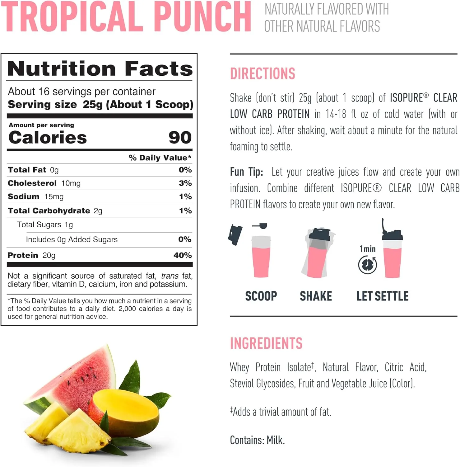 Isopure Clear Whey Isolate Protein Powder, Lactose Free, Gluten Free, Naturally Flavored, Tropical Punch, 20g Protein Per Serving, 14.1 Oz, 16 Servings (Packaging May Vary)