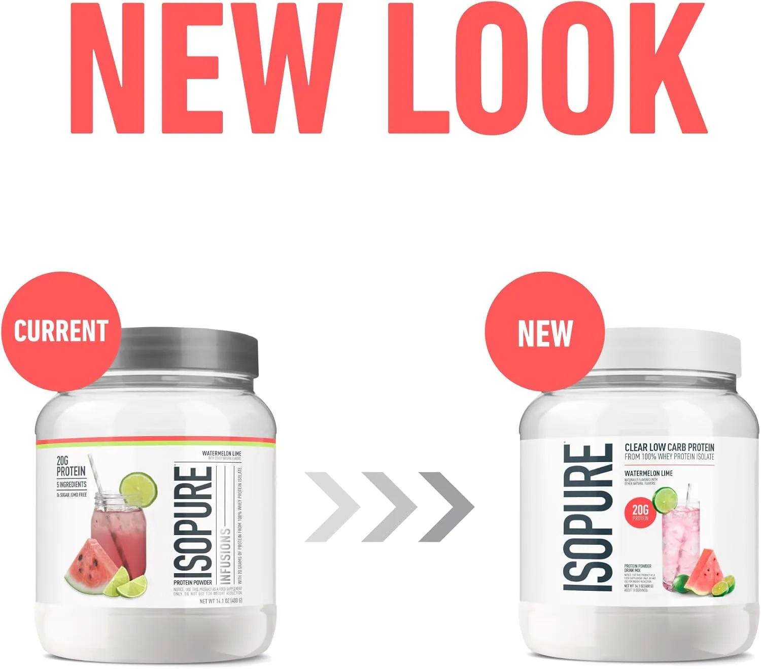 Isopure Clear Whey Isolate Protein Powder, Lactose Free, Gluten Free, Naturally Flavored, Watermelon Lime, 20g Protein Per Serving, 14.1 Oz, 16 Servings (Packaging May Vary)