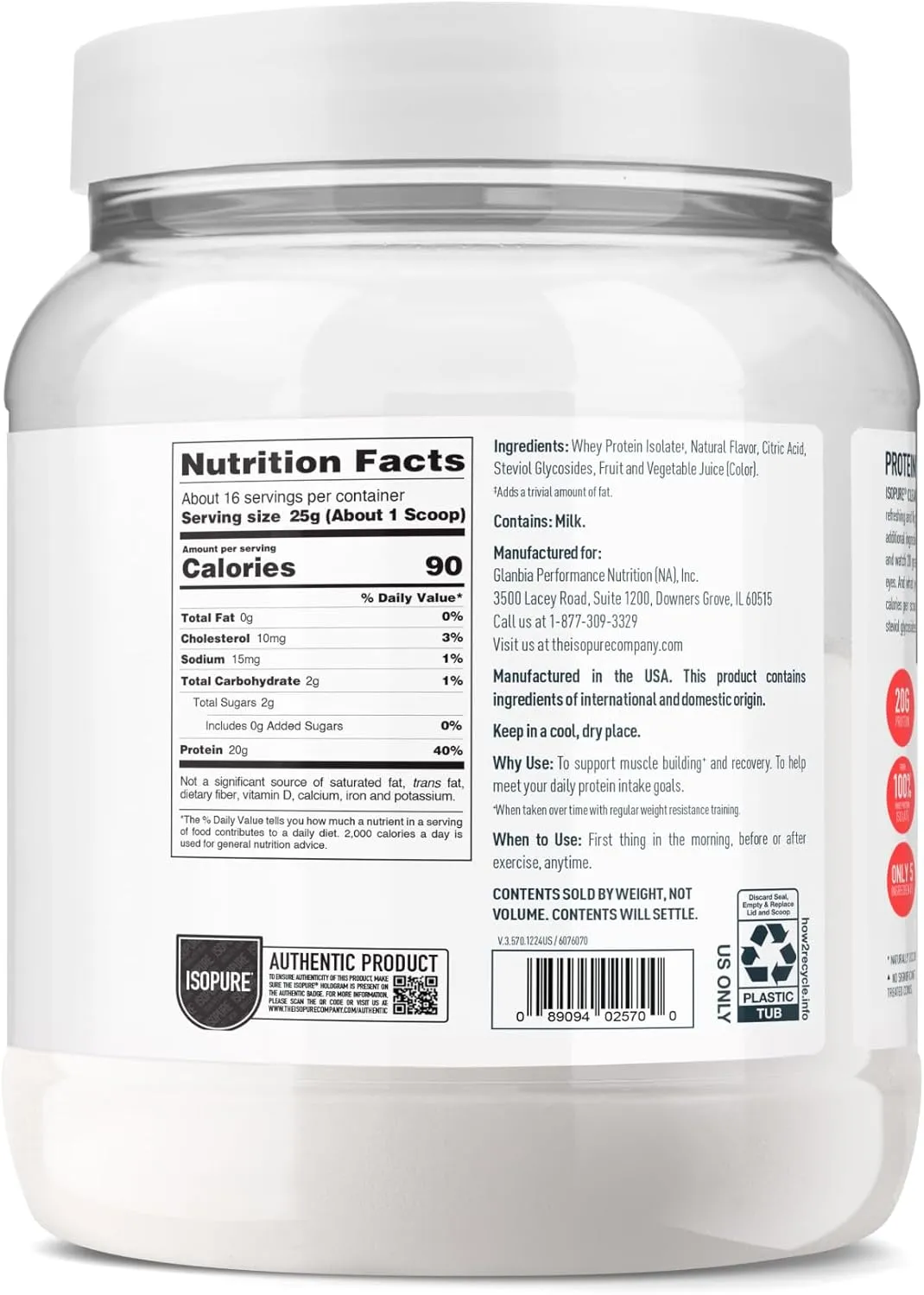 Isopure Clear Whey Isolate Protein Powder, Lactose Free, Gluten Free, Naturally Flavored, Watermelon Lime, 20g Protein Per Serving, 14.1 Oz, 16 Servings (Packaging May Vary)