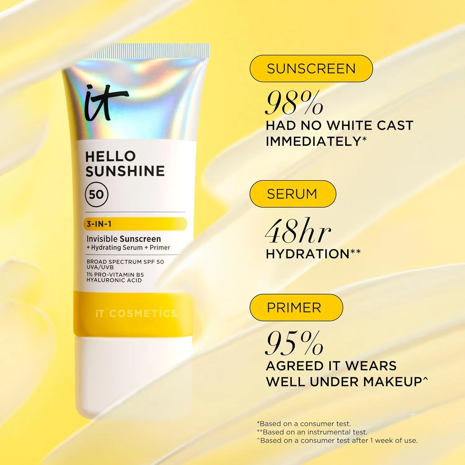 IT Cosmetics Hello Sunshine Invisible Sunscreen for Face SPF 50 - Sunscreen, Hydrating Serum & Makeup Primer - 1% Pro-Vitamin B5 & Hyaluronic Acid - HSA/FSA Eligible - No White Cast