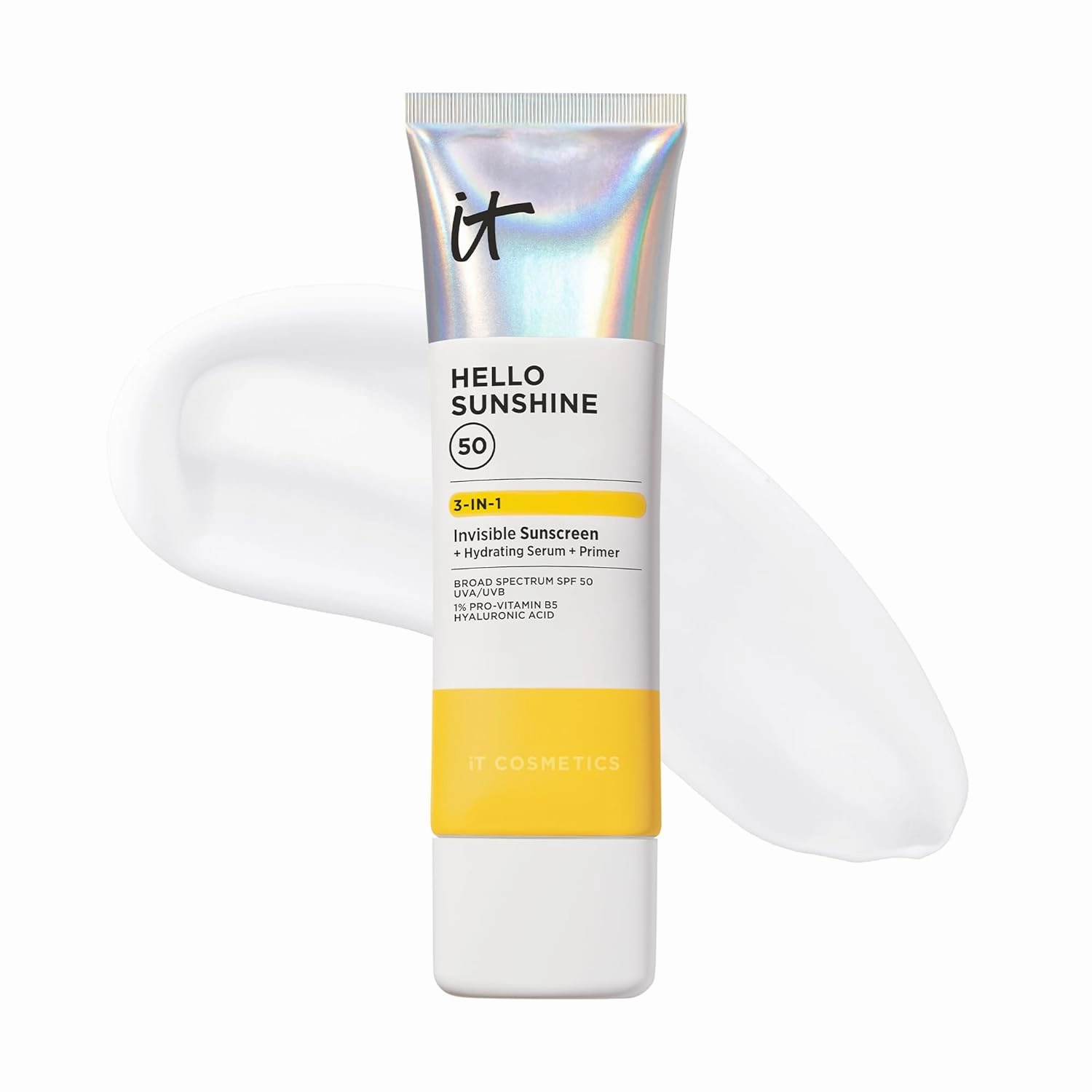 IT Cosmetics Hello Sunshine Invisible Sunscreen for Face SPF 50 - Sunscreen, Hydrating Serum & Makeup Primer - 1% Pro-Vitamin B5 & Hyaluronic Acid - HSA/FSA Eligible - No White Cast