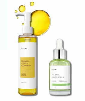 iUNIK Calendula Jojoba Oil Cleanser Gentle Makeup Remover Pore Cleansing Oil & Tea Tree Relief Facial Serum Non-sticky Non-greasy Gentle Soothing Moisturizing Calming Ampoule Korean Skincare