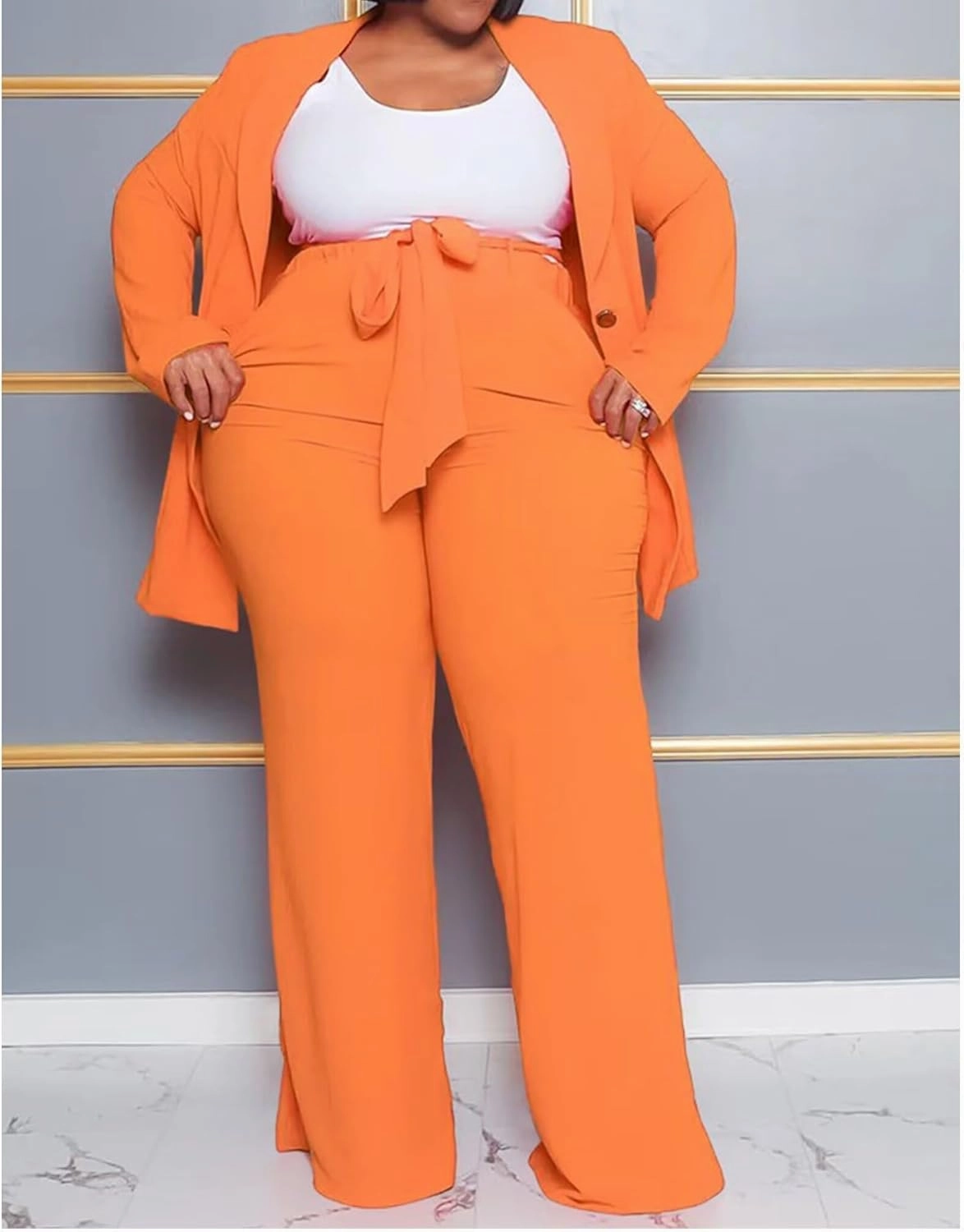 IyMoo Plus Size Suits for Women Business Open Front Long Sleeve Blazer Elastic Waist Solid Straight Leg Pant Set Suits