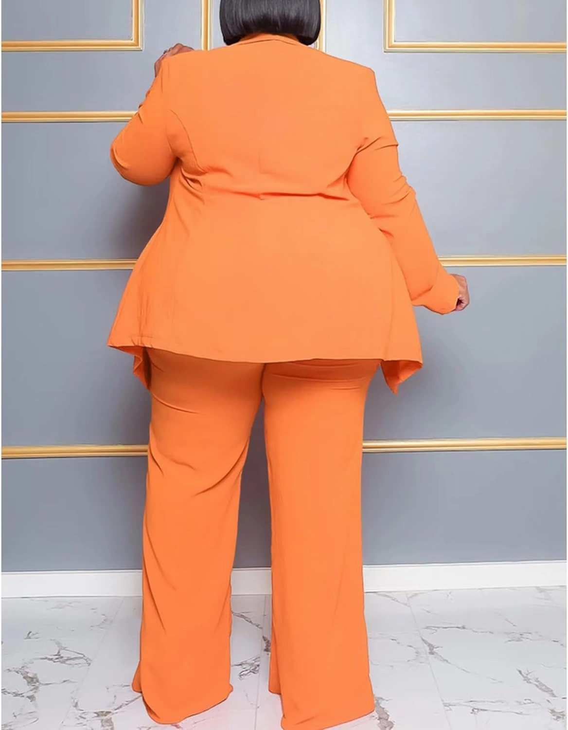 IyMoo Plus Size Suits for Women Business Open Front Long Sleeve Blazer Elastic Waist Solid Straight Leg Pant Set Suits