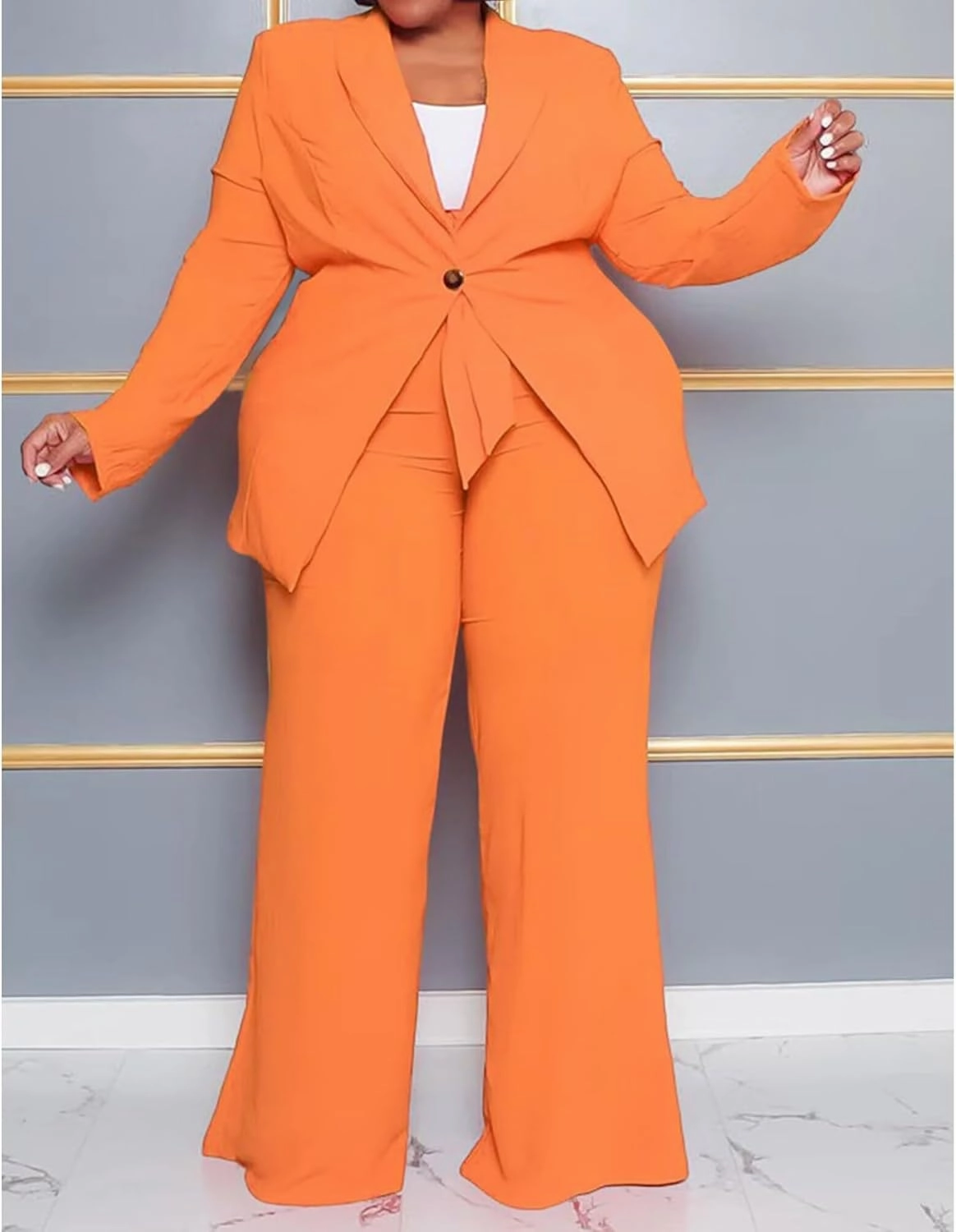 IyMoo Plus Size Suits for Women Business Open Front Long Sleeve Blazer Elastic Waist Solid Straight Leg Pant Set Suits