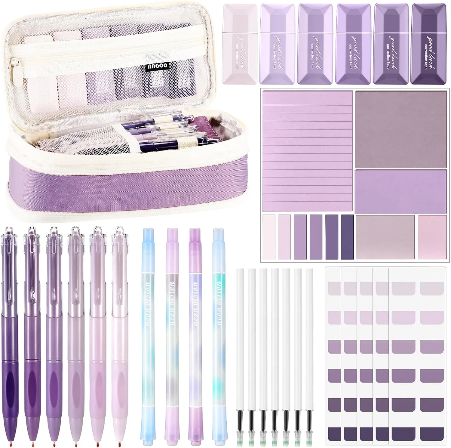 Janlaugh 38 Pcs Aesthetic College School Supplies with Pen Case Sticky Notes Gel Pens Highlighters Correction Tapes Back to School Stationery Kit(Purple Color,Classic)