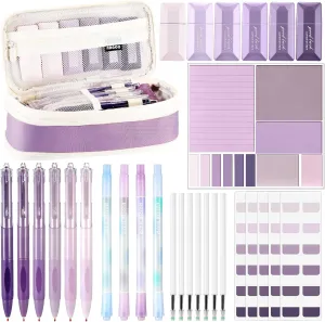 Janlaugh 38 Pcs Aesthetic College School Supplies with Pen Case Sticky Notes Gel Pens Highlighters Correction Tapes Back to School Stationery Kit(Purple Color,Classic)