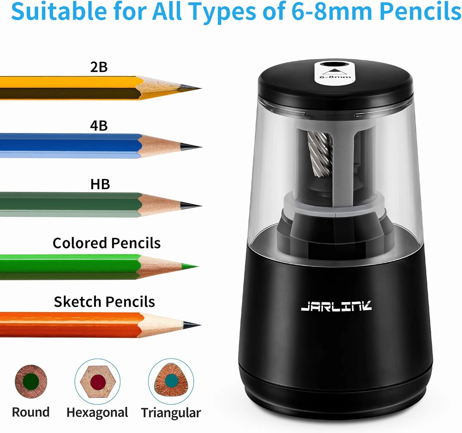 JARLINK Electric Pencil Sharpener, Heavy-Duty Helical Blade to Fast Sharpen, Auto Stop for No.2/Colored Pencils(6-8mm), USB/Battery Operated in School Classroom/Office/Home (Black)