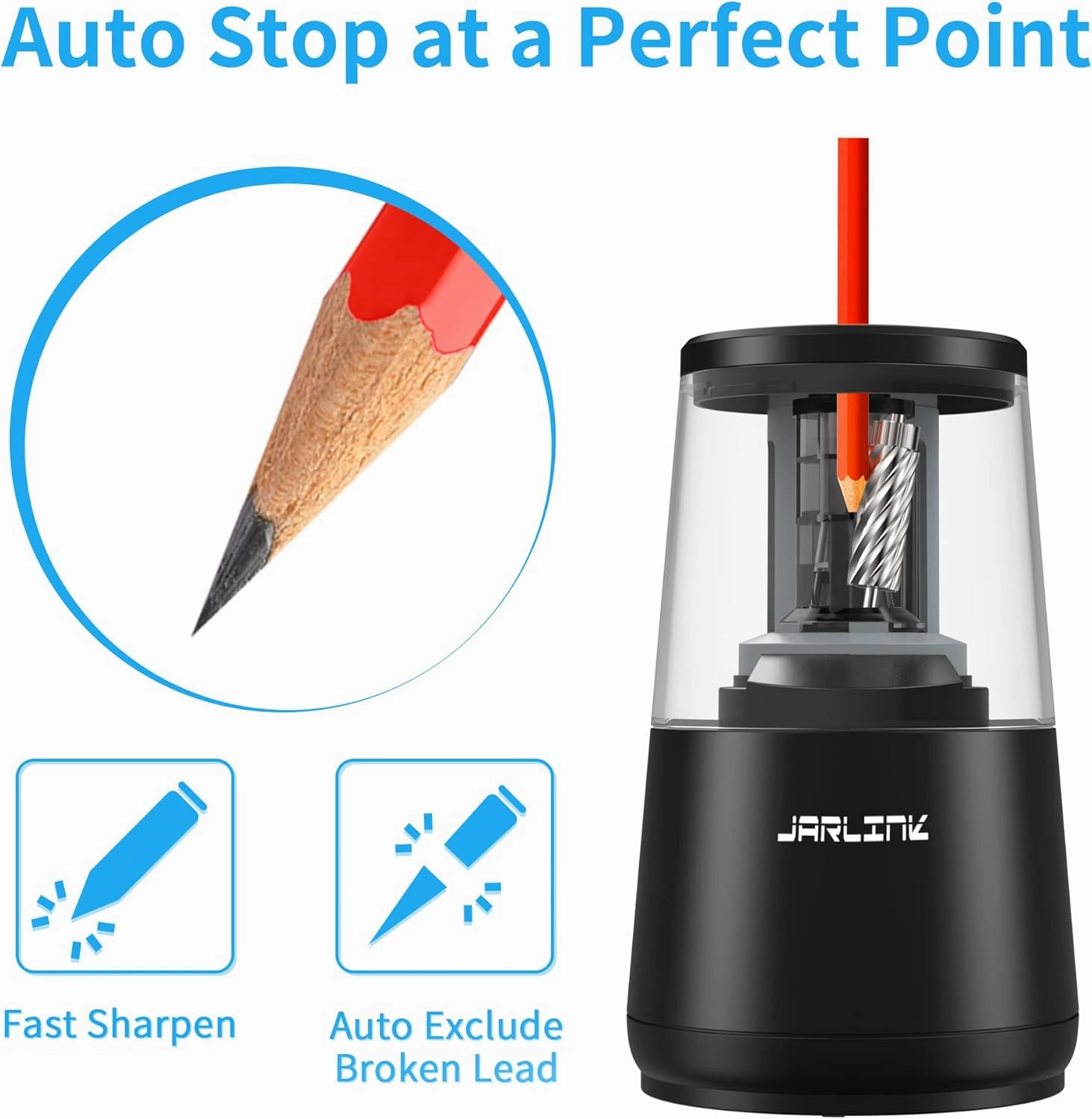 JARLINK Electric Pencil Sharpener, Heavy-Duty Helical Blade to Fast Sharpen, Auto Stop for No.2/Colored Pencils(6-8mm), USB/Battery Operated in School Classroom/Office/Home (Black)