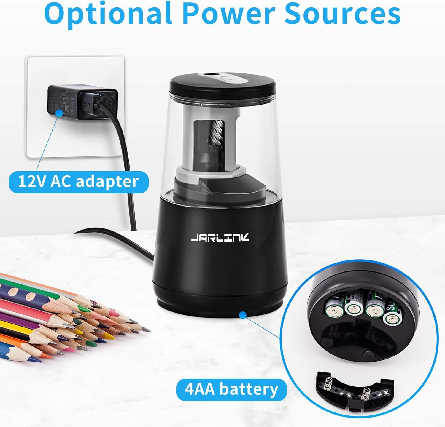 JARLINK Electric Pencil Sharpener, Heavy-Duty Helical Blade to Fast Sharpen, Auto Stop for No.2/Colored Pencils(6-8mm), USB/Battery Operated in School Classroom/Office/Home (Black)