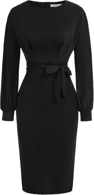 JASAMBAC Women's Bodycon Pencil Dress Office Wear to Work Dresses with Pocket Belt