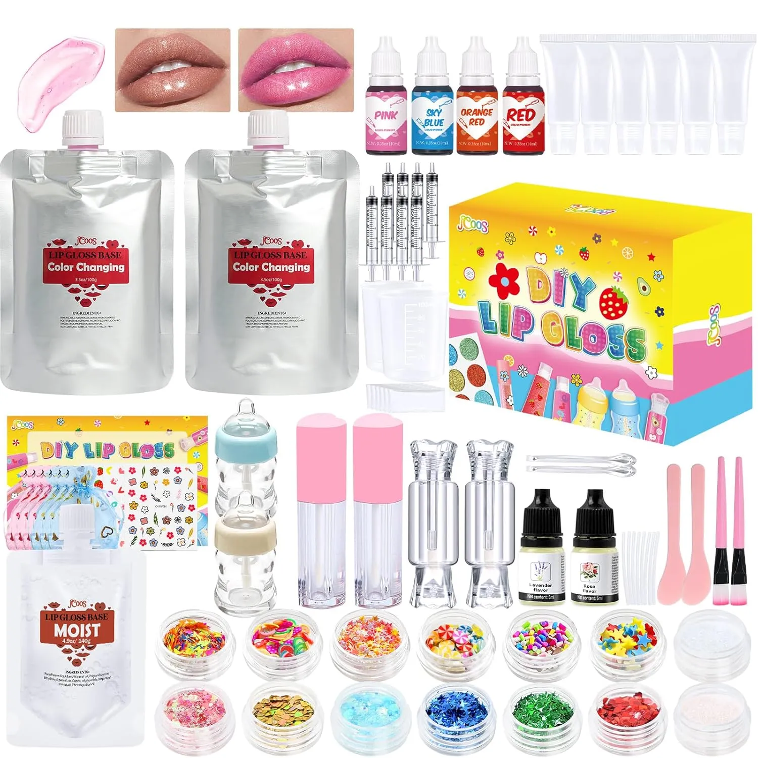 JCOOS Lip Gloss Base, Color Changing Lip Oil, Lipgloss Base, Lip Gloss Making Kit, 73PCS Fun Make Your Own Lip Gloss Kit Kids, Beginner, Lipgloss Sets for Girls, DIY Lipstick Set, Moisturizing Lip Oil