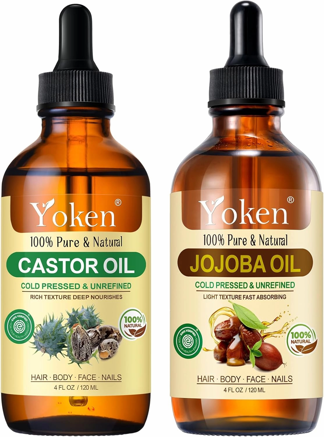 Jojoba Oil 4oz & Castor Oil 4oz Set: in Glass Dropper Bottle, 100% Pure & Natural, EWG Verified Organic, Cold Pressed, Hexane Free - Best Carrier Oil Hair Oil Facial Oils, Deeply Nourishing