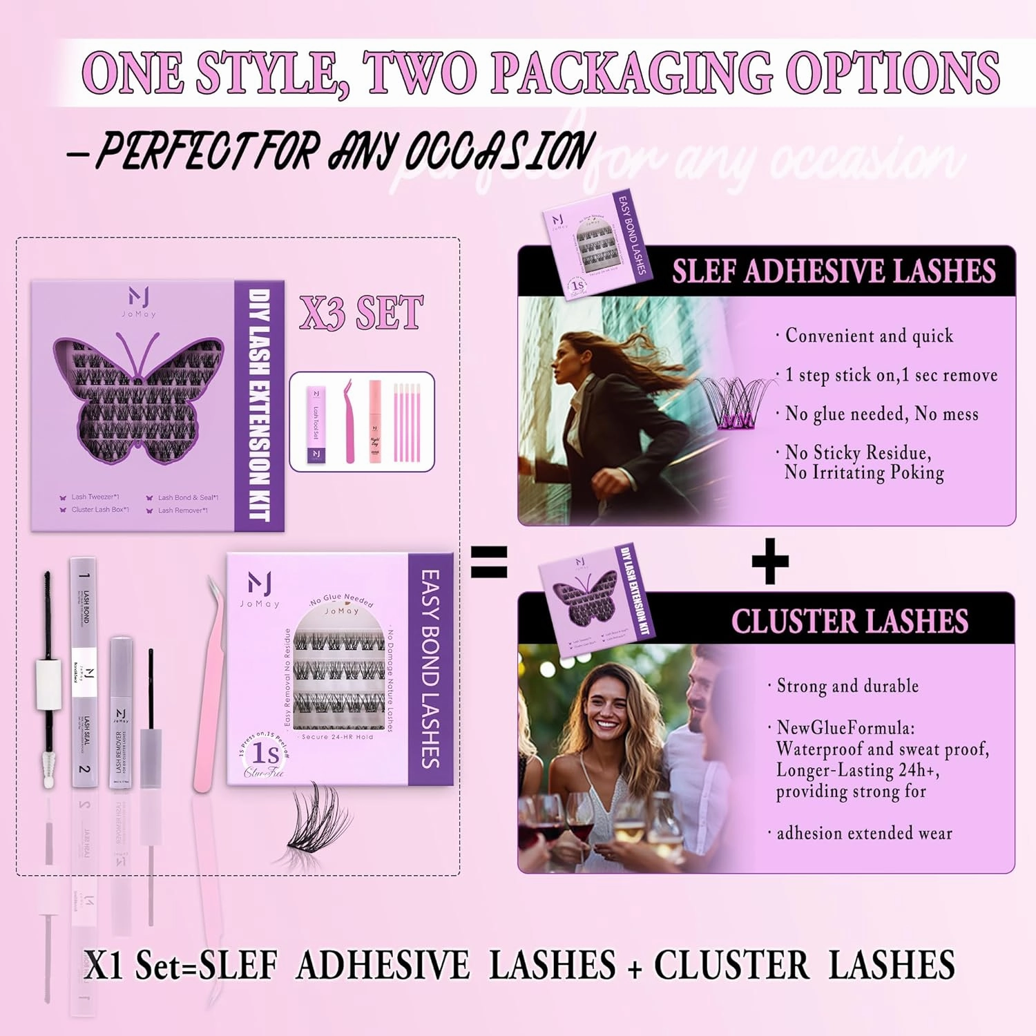 JoMay DIY Lash Extension Kit With Volume Clusters, Self Adhesive Eyelashes, Bond and Seal, Remover, Applicator (X3 Set)