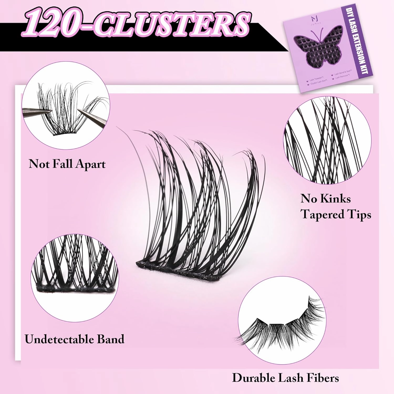 JoMay DIY Lash Extension Kit With Volume Clusters, Self Adhesive Eyelashes, Bond and Seal, Remover, Applicator (X3 Set)