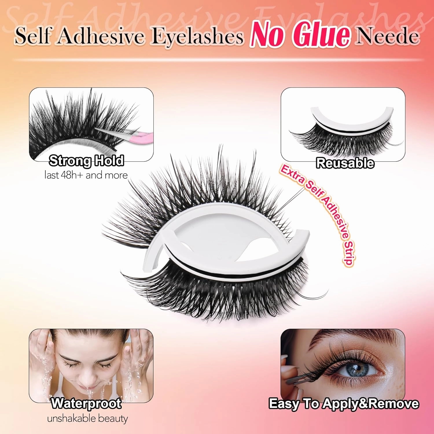 JoMay Self Adhesive Eyelashes No Lash Glue Needed Reusable Up to 5X Natural Strip Lashes 3D Super Fluffy False Eyelashes Easy to Apply & Remove Full Bouncy Volume & Curl 3 Pairs(Sweet Charm Series)