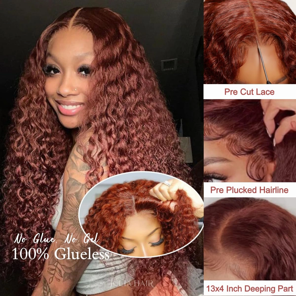 Julia Hair Water Wave Pre Everything Glueless Wig Reddish Brown 13x4 Pre Cut Lace Front Wigs Human Hair For Beginner Pre Bleached Bye Bye Knots Wig Pre Plucked Put on and Go Copper Red Color 16 Inch