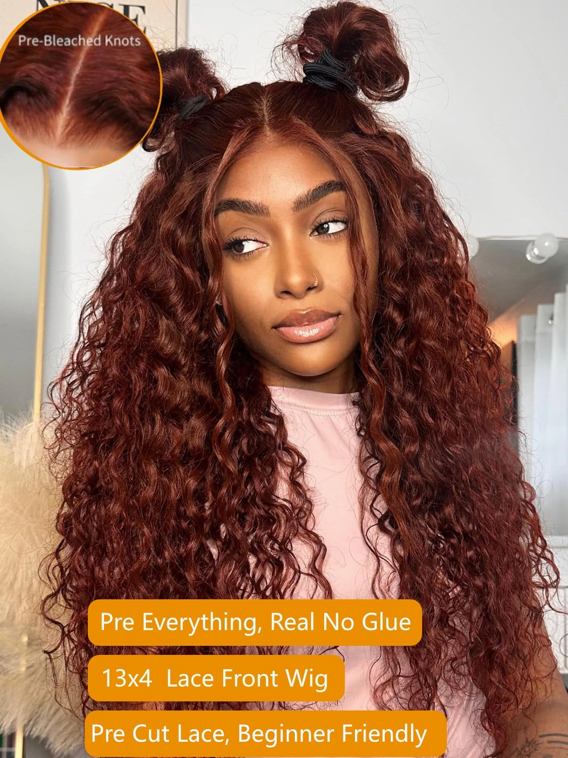 Julia Hair Water Wave Pre Everything Glueless Wig Reddish Brown 13x4 Pre Cut Lace Front Wigs Human Hair For Beginner Pre Bleached Bye Bye Knots Wig Pre Plucked Put on and Go Copper Red Color 16 Inch