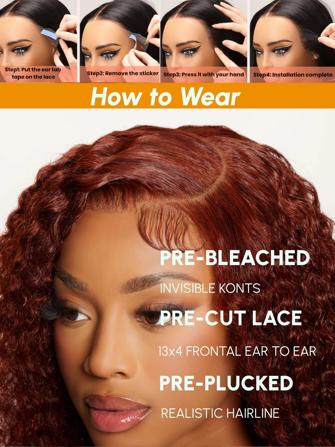 Julia Hair Water Wave Pre Everything Glueless Wig Reddish Brown 13x4 Pre Cut Lace Front Wigs Human Hair For Beginner Pre Bleached Bye Bye Knots Wig Pre Plucked Put on and Go Copper Red Color 16 Inch